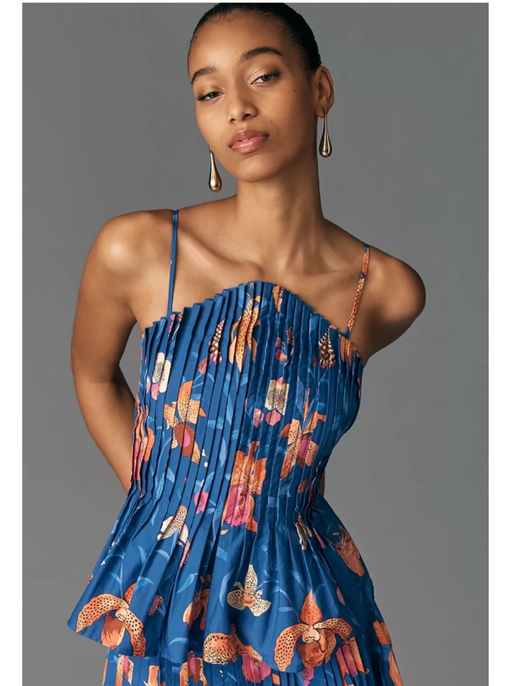 FARM Rio x Anthropologie Blue Floral Sleeveless Printed Pintuck Top - Medium NWT